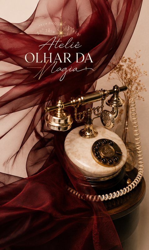 Telefone vintage dourado com véu vinho e selo de cera